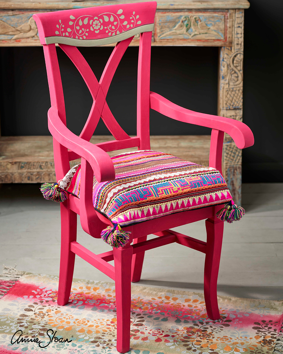 Indian-inspired-Capri-Pink-chair-with-Faux-Bone-Inlay-stencil-1