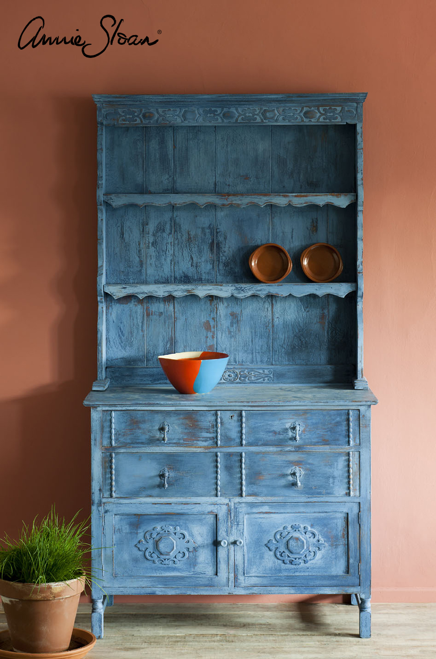Greek Blue Kitchen Dresser, Distressed, Primer Red, Napoleonic Blue, Scandinavian Pink with Scandinavian Pink image 1